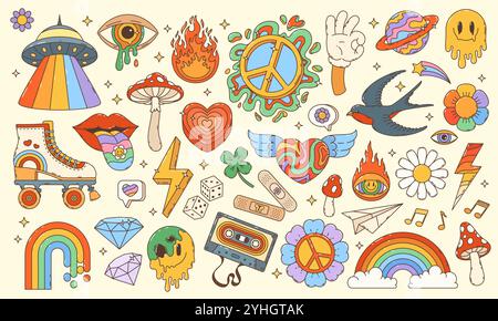 Groovy cartoon characters in retro hippie art, vector funky comic. 60s and 70s groovy cartoon rainbows and heart on wings, amanita mushroom and psychedelic melting smile with flowers and peace sign Stock Vector