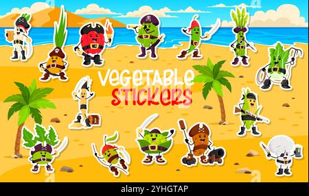 Vegetable pirate and corsair characters stickers pack. Fun and adventurous patches featuring cartoon veggies personages dressed as corsairs with hats, guns and treasures on the secret island beach Stock Vector