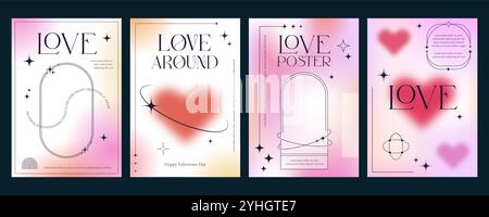 Aesthetic Valentine Day gradient y2k posters with blurred heart shapes and modern line frames. Valentines love card vector templates with abstract graphic elements, minimalist hearts, stars, sparkles Stock Vector
