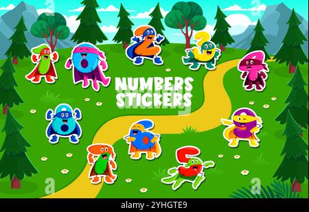 Stickers pack of cartoon math number characters. Cartoon Fun and colorful numeral personages dressed as superheroes in fantasy forest landscape, offering a playful way to learn numbers for children Stock Vector