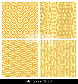 Ramen noodle pattern backgrounds set of asian cuisine food. Vector japanese or chinese ramen instant noodle pasta soup seamless patterns. Yellow wave lines and swirls abstract geometric backgrounds Stock Vector