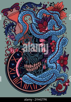 Hand drawn colorful vector illustration with skull, old watch and snake - symbol of the year according to eastern horoscope. Graphic artwork with esot Stock Vector
