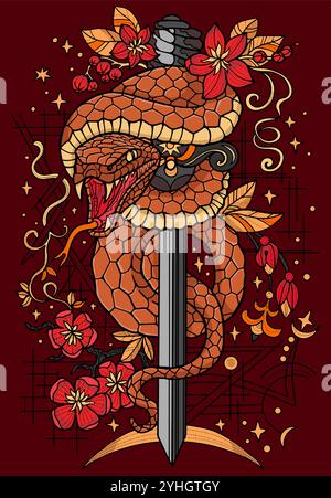 Hand drawn vector colorful illustration with sword and snake - symbol of the year according to eastern horoscope. Graphic artwork with esoteric, gothi Stock Vector