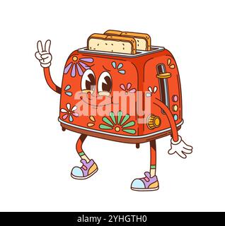Groovy toaster character with smiling face, peace sign and fried toast slice popping out. Cartoon vector red retro toaster with floral pattern. Nostalgic kitchen appliance personage cooking breakfast Stock Vector