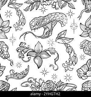 Seamless pattern with line art illustrations of the snake - symbol of the year according to eastern horoscope, patterns and flowers on white. Doodle a Stock Vector