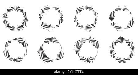 Set of circular ripple icons. Concentric circles with broken lines isolated on white background. Vortex, sonar wave, soundwave, sunburst, signal signs Stock Vector