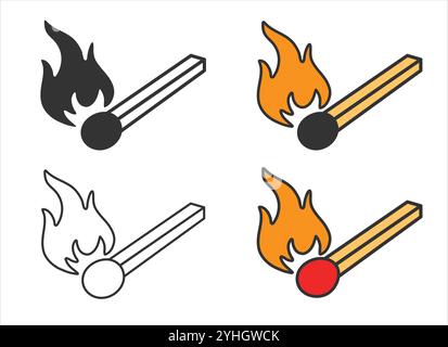 Burning match with fire icon symbol. Line art stroke. Match stick flame logo sign. Flammable, burn, ignite. Vector illustration. Isolated on white bac Stock Vector