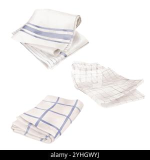 Light blue striped kitchen towel. Watercolor digital illustration. Set of folded cloth napkins isolated on white background. Checkered and striped nap Stock Photo