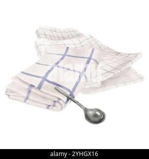 Stack of light blue striped kitchen towels and teaspoon. Watercolor digital illustration. Folded cloth napkins and metal table spoon, isolated on whit Stock Photo