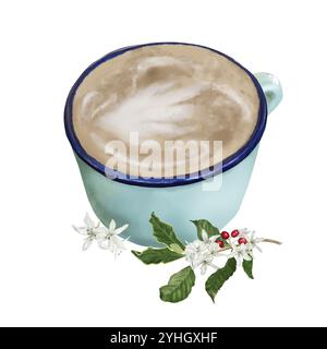 A porcelain cup of coffee with a delicious foam. Digital watercolor illustration. A sprig of a coffee tree with flowers, isolated on a white backgroun Stock Photo