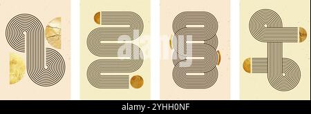Set of modern abstract posters with geometric shapes with stripe pattern. Vector background with golden texture in trendy bohemian style Stock Vector