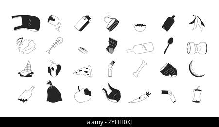 Rubbish waste management black and white 2D line objects set Stock Vector