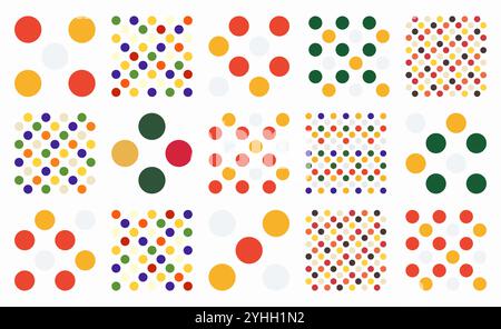 Collection of seamless polka dot patterns featuring vibrant circles and round shapes. Minimalist aesthetic with an artistic touch. Contemporary geomet Stock Vector