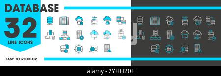 Database network server and cloud storage line icons, digital technology vector pictograms. Internet data backup storage, computer server with file transfer, encryption and personal data secure access Stock Vector
