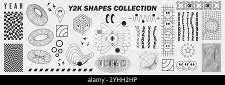 Abstract geometry wireframe shapes and patterns, cyberpunk elements, signs and perspective grids. Surreal geometric retro signs. Rave psychedelic futu Stock Vector