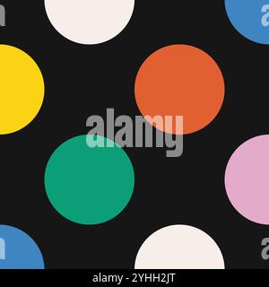 Seamless polka dot pattern with colorful circles on black background. Geometric vector design in modern style. High quality illustration with retro ae Stock Vector