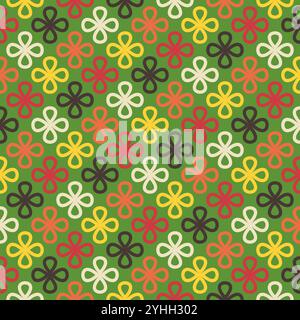 Set of seamless linear patterns featuring colorful clover shapes on a Christmas background. Merry Christmas inspired designs for holiday fashion, text Stock Vector