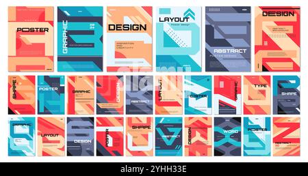 Abstract alphabet typography book covers and poster templates, vector layouts. Modern covers for book with geometric bold or futuristic technology alphabet letters for poster layout backgrounds Stock Vector