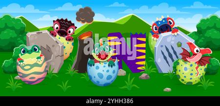 Funny cute dino kids characters in eggs on prehistoric nature landscape vector background. Cartoon baby dinosaurs hatching from egg shells and dino letters font made of volcano and fossil foot print Stock Vector