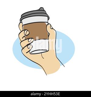 closeup hand holding disposable coffee cup illustration vector hand drawn isolated on white background Stock Vector