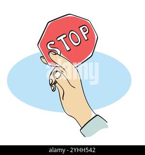 closeup hand holding stop sign instead of cigarette illustration vector hand drawn isolated on white background Stock Vector