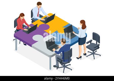 Isometric Business Puzzle. Teamwork and partnership. Business people join puzzle pieces. Doing business. People connecting puzzle elements Stock Vector