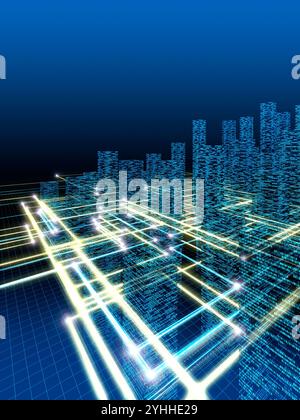 Network Rays Network rays passing through a group of buildings composed of digital ...