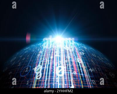 Data Light Rays Digital data and rays of light moving through the sphere on which the ...