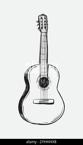 Acoustic Guitar vector illustration in doodle style. Sketch of classical Spanish music instrument. Hand drawing draw six-string guitar. Coloring for Stock Vector