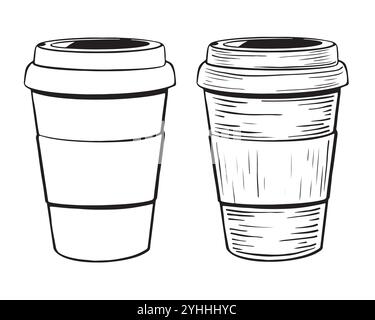 Sketch of disposable Coffee Cup icon in doodle style. Symbolizes on-the-go coffee with convenience, recyclability, and a quick caffeine fix. Hand Stock Vector