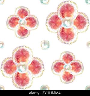 Pattern of scallop, bivalve marine mollusk, grooved shell flowers with pearls in watercolor. Red Scallop, Calico Scallop, Argopecten Gibbus. This Stock Photo