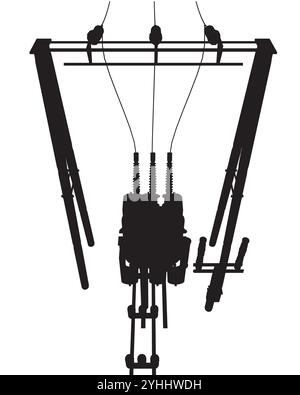 Silhouette Power grid substation - vector illustration. High voltage transmission systems. Electric pole. Power lines. A network of interconnected ele Stock Vector