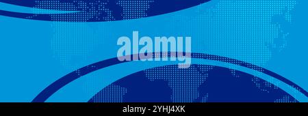 Blue freeform curve and stripe run across the square shape dotted world map background. Abstract technology background. Stock Photo