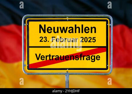 Neuwahlen am 23. Februar 2025 nach Vertrauensfrage Ein Ortsschild steht über der Deutschlandfahne mit dem durchgestrichenen Aufdruck Vertrauensfrage u Stock Photo