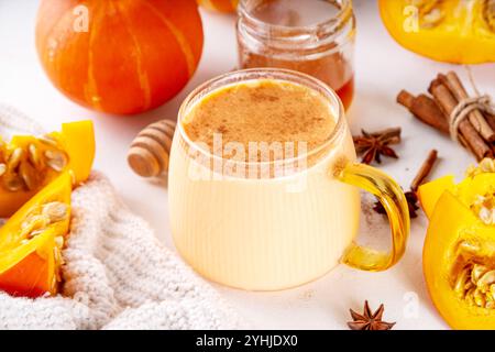 Sweet non caffeine pumpkin milk, dessert healthy drink, pumpkin latte alternative without coffee Stock Photo