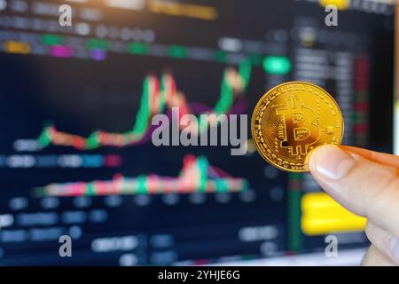 Firenze, Italy November 11, 2024: Trader showing bitcoin cryptocurrency physical coin in front of trading screen showing price chart Stock Photo
