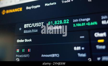 Firenze, Italy November 11, 2024: Cryptocurrency trading platform binance showing bitcoin price rising against usdt, indicating market growth Stock Photo