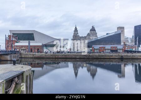 A beautiful view of the Liverpool skyline at the historic Albert Dock on the waterfront, with the Royal Liver Building and Museum of Liverpool. Stock Photo