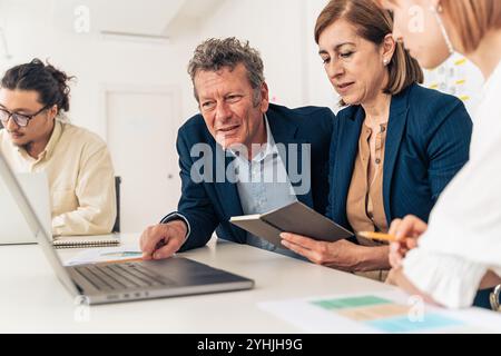 Diverse business team collaborating on project with senior executive manager leading discussion in modern corporate office Stock Photo