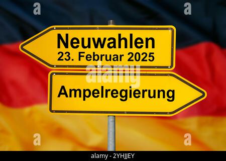 Neuwahlen am 23. Februar 2025 nach der Ampelregierung Zwei Wegweiser über einer Deutschland-Fahne zeigen in gegensätzlicher Richtung und sind beschrif Stock Photo