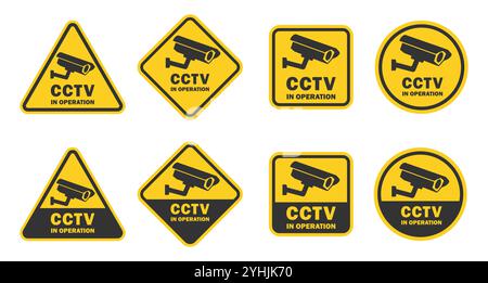 CCTV in operation yellow black sign set. Security cameras in use symbol icon. CCTV camera logo sign collection. Vector illustration image. Isolated on Stock Vector