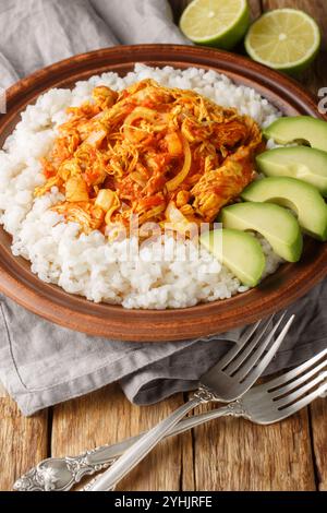 Chicken Tinga shredded and cooked with onion, garlic, tomatoes and chipotle peppers served with rice and avocado closeup in plate on the table. Vertic Stock Photo