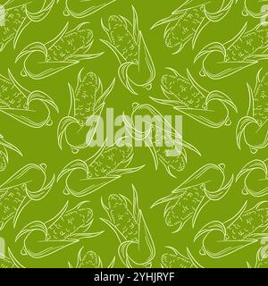 Seamless corn pattern in line art style with a green background. Illustration of corn on the cob with husks, ideal for food related design, background Stock Vector