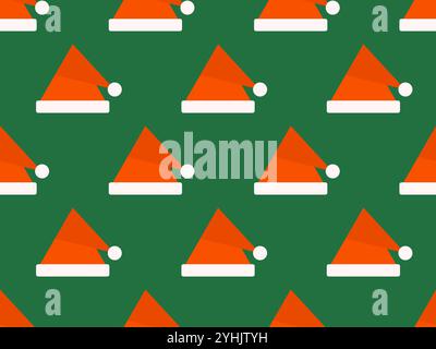Santa Claus hat seamless pattern. Merry Christmas. Xmas cap on green background. Festive design for greeting cards, wrapping paper, banners and poster Stock Vector