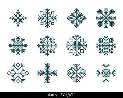 Snowflakes icon set. Black silhouettes of snowflakes on a white background. Winter background with geometric snowflakes of different shapes design for Stock Vector