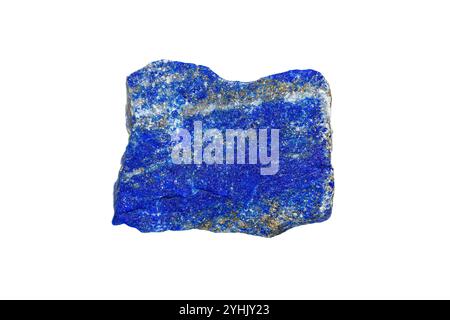 Natural rough Lapis lazuli gemstone on white background, semi-precious stone that contain Lazurite, Sodalite, Calcite and Pyrite mineral Stock Photo