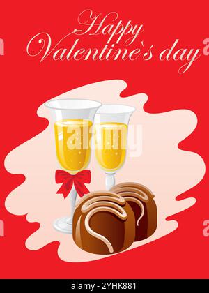 Red background with a white and red bow and two glasses of champagne. The glasses are filled with champagne and there are two chocolate truffles on th Stock Vector