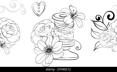Vintage spool of thread with romantic flower and buttons, pins. Sewing tools seamless background, pattern for printing, fabric, decor. Graphic vector Stock Vector
