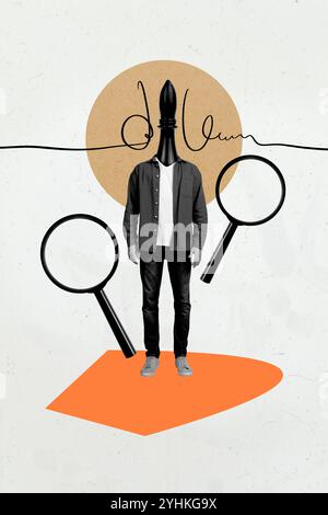 Composite trend artwork 3D sketch image photo collage of headless man chess figure instead smart clever game stand magnifier glass Stock Photo