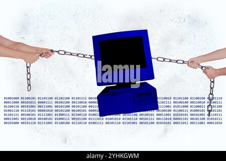 Composite photo collage of hands pull metal chain trap addiction pc monitor device freelancer influence isolated on painted background Stock Photo